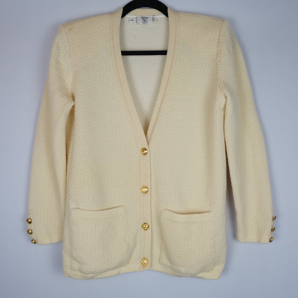 Vtg 1980 Valentino Miss V Ivory Cardigan Sweater With Gold V Logo Buttons, Sz 40